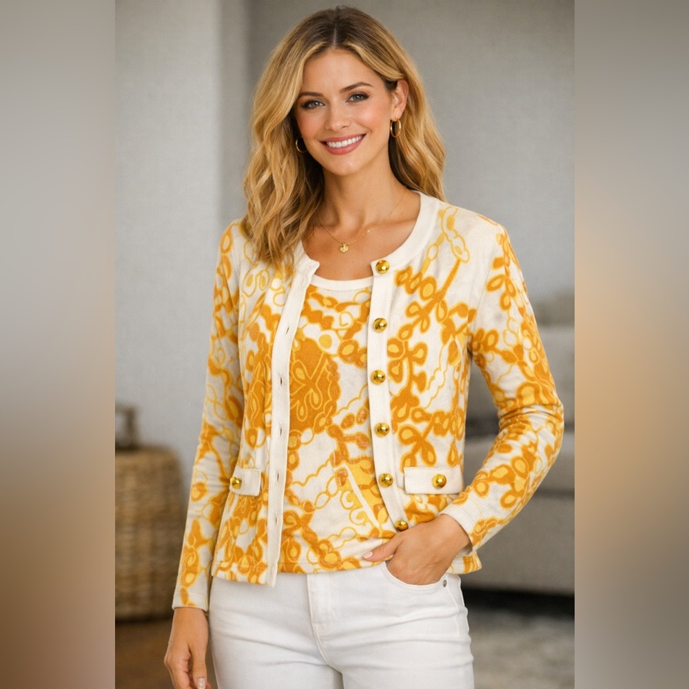 Michael Simon Petite Chain Print Twinset Cardigan & Shell Gold Buttons PS